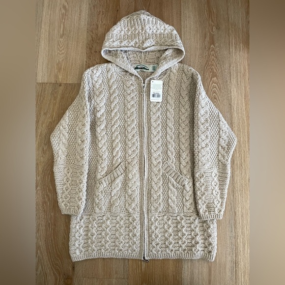 Aran Crafts Sweaters - ARAN Ireland 100% Merino Wool Full Zip Sweater Coat Oatmeal L Chunky‎ Fisherman